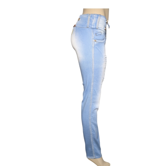 *NEW* Colombian Authentic High Rise Skinny Wash Distress Butt Lifter Blue Jeans - Picture 8 of 13